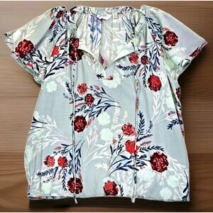 Candace Cameron Women’s Blouse Cap Flutter Sleeve Tie Front Floral Sage Medium